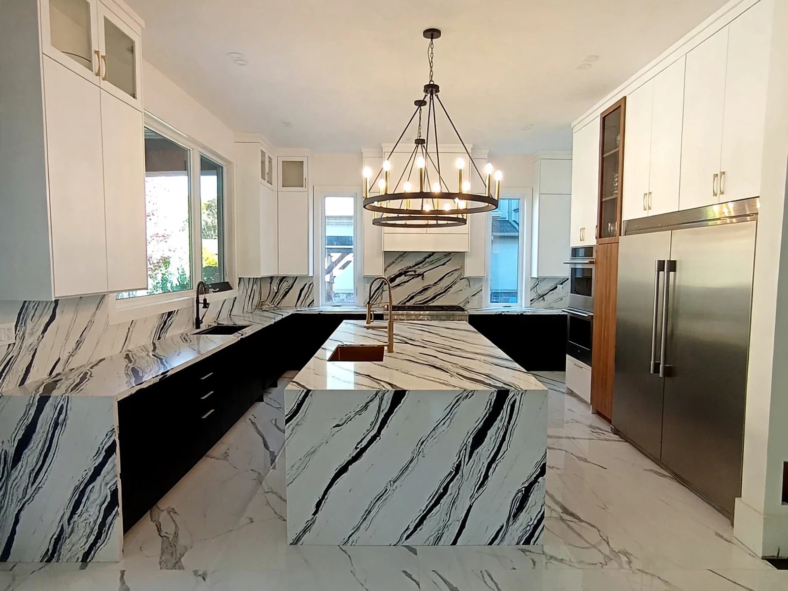 Panda Marble Waterfall Island Kitchen